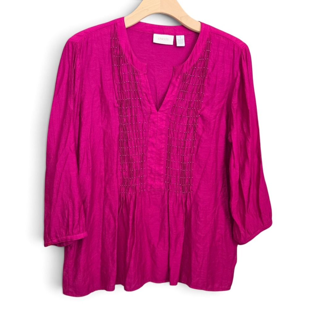 Chicos Blouse Womens Size 1 M 8 Magenta Beaded Pleated V Neck 3/4 Sleeve Top